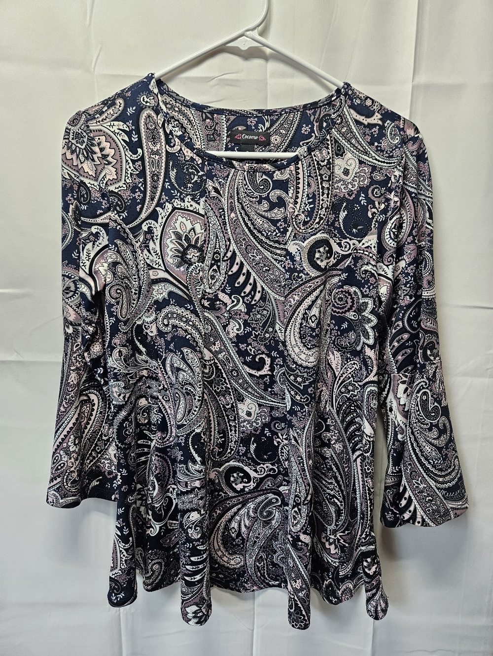 Cocomo Navy Paisley Long-Sleeve Top with Pink and White Accents Nwot